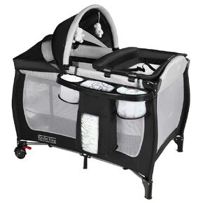 Kinder King 3 in 1 Portable Nursery Center, Foldable Playard for Baby & Toddler, Infant Pack n Play w/Bassinet, Removable Mattress, Newborn Changing Table, Travel Bag, Music Box, Storage Basket, Grey