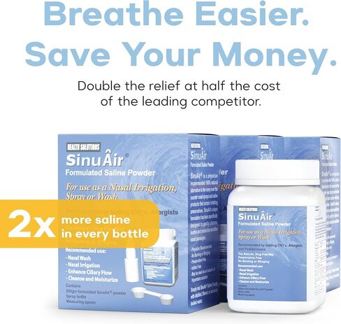 محلول ملح شطف الجيوب الأنفية من SinuAir - مسحوق ملحي لنظام SinuPulse، وعاء Neti Flush، زجاجة ضغط لغسل الأنف، وري الأنف، تركيبة معززة وتنظيف للجيوب الأنفية، زجاجة 200 جرام in Kuwait
