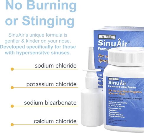 محلول ملح شطف الجيوب الأنفية من SinuAir - مسحوق ملحي لنظام SinuPulse، وعاء Neti Flush، زجاجة ضغط لغسل الأنف، وري الأنف، تركيبة معززة وتنظيف للجيوب الأنفية، زجاجة 200 جرام in Kuwait