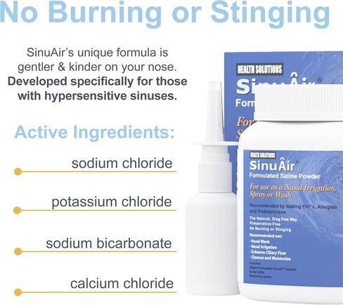 محلول ملح شطف الجيوب الأنفية من SinuAir - مسحوق ملحي لنظام SinuPulse، وعاء Neti Flush، زجاجة ضغط لغسل الأنف، وري الأنف، تركيبة معززة وتنظيف للجيوب الأنفية، زجاجة 200 جرام in Kuwait