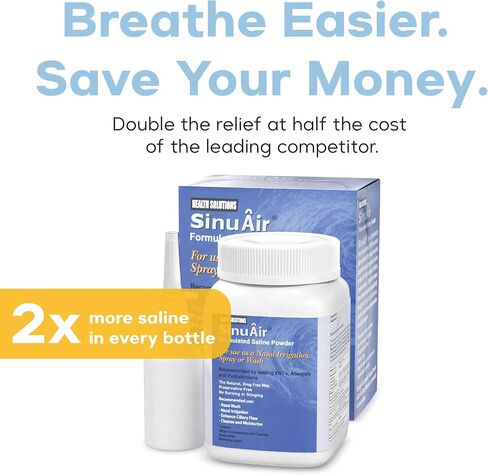 محلول ملح شطف الجيوب الأنفية من SinuAir - مسحوق ملحي لنظام SinuPulse، وعاء Neti Flush، زجاجة ضغط لغسل الأنف، وري الأنف، تركيبة معززة وتنظيف للجيوب الأنفية، زجاجة 200 جرام in Kuwait