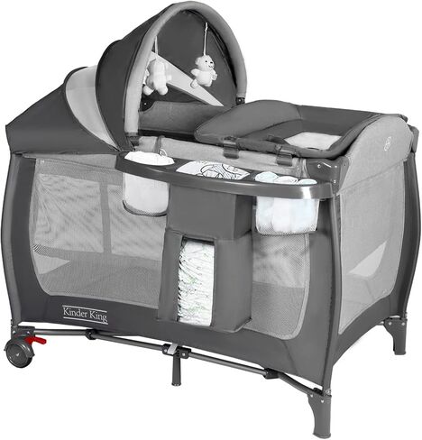 Kinder King 4 in 1 Portable Pack and Play, Baby Playard w/Bassinet, Black | Large Playpen for Infant and Toddler, Newborn Changing Table, Adjustable Canopy, Storage Basket, Travel Bag, 0-36 Months in Saudi Arabia