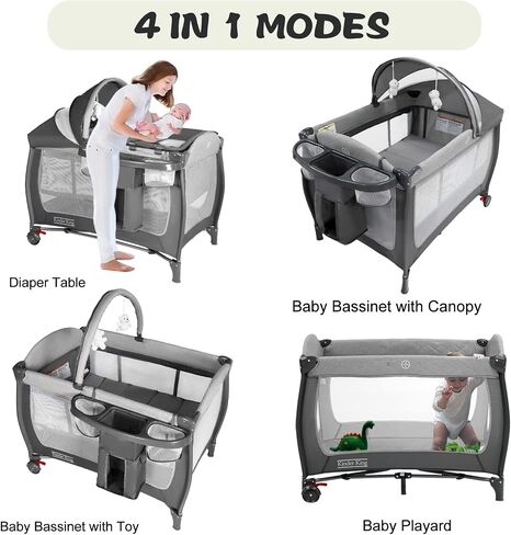 Kinder King 4 in 1 Portable Pack and Play, Baby Playard w/Bassinet, Black | Large Playpen for Infant and Toddler, Newborn Changing Table, Adjustable Canopy, Storage Basket, Travel Bag, 0-36 Months in Saudi Arabia