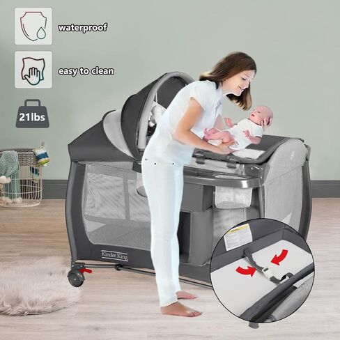 Kinder King 4 in 1 Portable Pack and Play, Baby Playard w/Bassinet, Black | Large Playpen for Infant and Toddler, Newborn Changing Table, Adjustable Canopy, Storage Basket, Travel Bag, 0-36 Months in Saudi Arabia