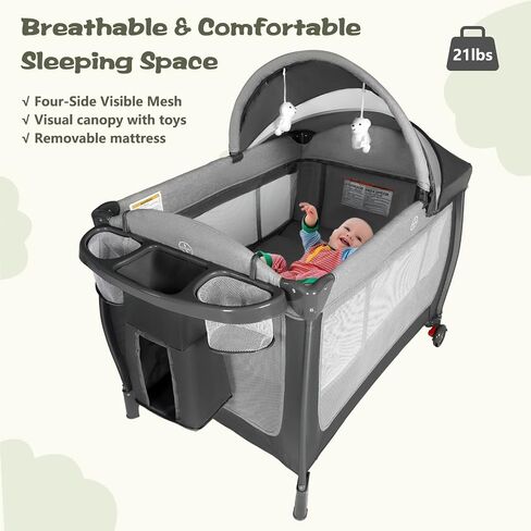 Kinder King 4 in 1 Portable Pack and Play, Baby Playard w/Bassinet, Black | Large Playpen for Infant and Toddler, Newborn Changing Table, Adjustable Canopy, Storage Basket, Travel Bag, 0-36 Months in Saudi Arabia