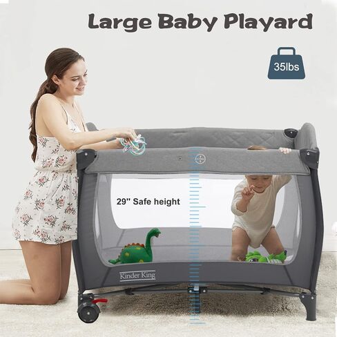 Kinder King 4 in 1 Portable Pack and Play, Baby Playard w/Bassinet, Black | Large Playpen for Infant and Toddler, Newborn Changing Table, Adjustable Canopy, Storage Basket, Travel Bag, 0-36 Months in Saudi Arabia