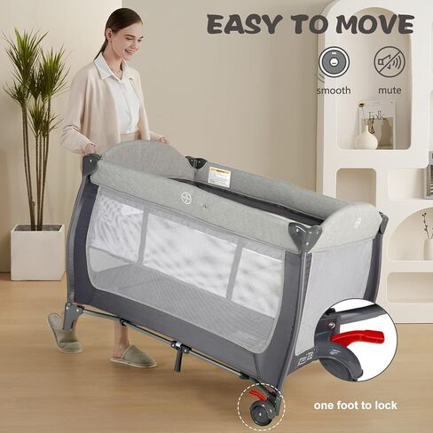 Kinder King 4 in 1 Portable Pack and Play, Baby Playard w/Bassinet, Black | Large Playpen for Infant and Toddler, Newborn Changing Table, Adjustable Canopy, Storage Basket, Travel Bag, 0-36 Months in Saudi Arabia