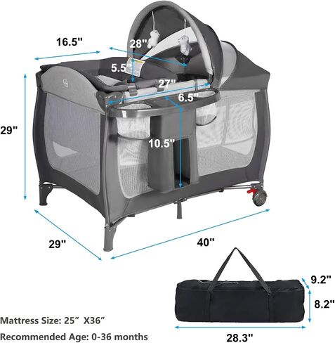 Kinder King 4 in 1 Portable Pack and Play, Baby Playard w/Bassinet, Black | Large Playpen for Infant and Toddler, Newborn Changing Table, Adjustable Canopy, Storage Basket, Travel Bag, 0-36 Months in Saudi Arabia