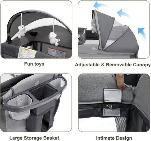 Kinder King 4 in 1 Portable Pack and Play, Baby Playard w/Bassinet, Black | Large Playpen for Infant and Toddler, Newborn Changing Table, Adjustable Canopy, Storage Basket, Travel Bag, 0-36 Months in Saudi Arabia