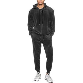 LecGee Mens 2 Piece Velour Hoodie Tracksuit Long Sleeve Velvet Hooded Pullover Casual Athletic Jogging Sweatsuit Set