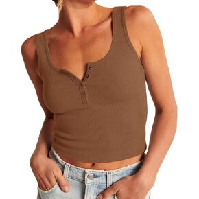 Artfish Women's Sleeveless Shirt Ribbed Fitted Scoop Neck Basic Long Crop Tank Top Buttons Henley
