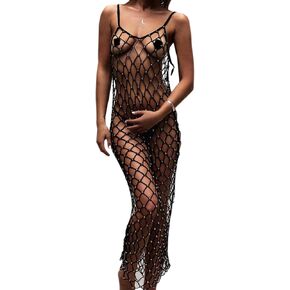 Eilova Orityle Women Sexy Rhinestone Swimsuit Cover Ups See Through Dress Crochet Beach Bikini Coverup Fishnet Bodycon