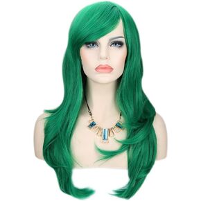Kalyss 24" Green Long Curly Wavy Synthetic Hair Wigs with Hair Bangs for Women Cosplay Costume Party Black and White Women's Girls Wigs