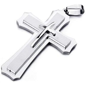MENDINO Mens Large Polished Stainless Steel Three Giant Cross Pendant Necklace Silver with 22 inch Chain in Saudi Arabia