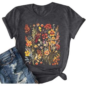 Women Fall Shirts Vintage Boho Flower T Shirt Botanical Floral Graphic Tee Garden Lover Autumn Tee Top