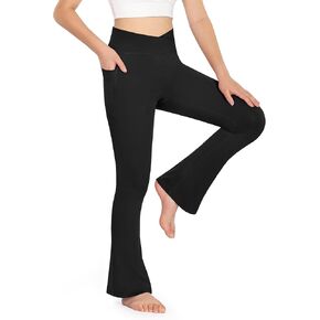 KEREDA Girls Flare Leggings High Waist V Cross Bootcut Yoga Pants Bell Bottoms for Girls with Pockets