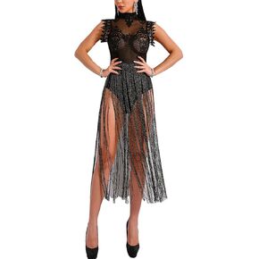 فستان WRStore نسائي مثير شفاف من الدانتيل شفاف من خلال شرابة لامعة in Kuwait