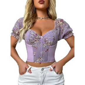 Milumia Women's Floral Lace Puff Sleeve Sweetheart Neck Bustier Corset Crop Top