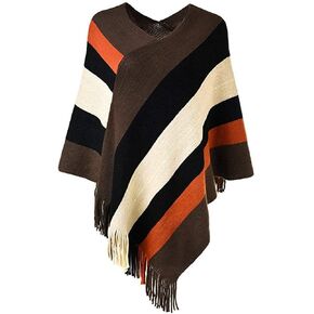 Women's Elegant Knitted Sweater Tassels Cloak Poncho Top Stripe Fringe Cape Shawl (Fits Size XXS~XXL)