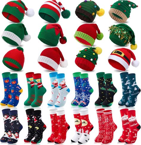 ال اي اي تي ار اس اتش مجموعة قبعات وجوارب محبوكة للكريسماس مكونة من 24 قطعة، تتضمن 12 قبعة صغيرة و12 زوج من الجوارب الطويلة، قبعات شتوية محبوكة للرجال والنساء والبالغين والاطفال، لوازم حفلات الكريسماس in Kuwait