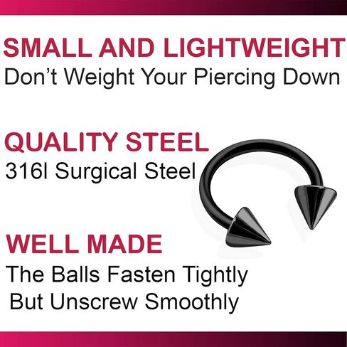 bodyjewellery 8pcs 16g Horseshoe Ring Circular Barbell Cartilage Hoop Septum Nose Lip Eyebrow Spider Bite Tragus Black Spike Ear Pick Size in Saudi Arabia