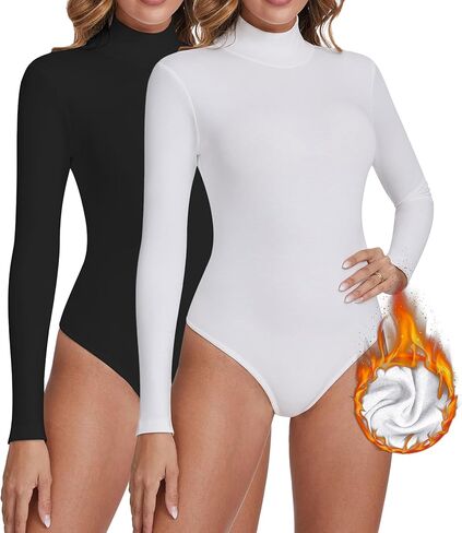 AMRSPENG Fleece Lined Bodysuit for Women, 2 Pack Mock Turtle Neck Long Sleeve Bodysuit for Women Stretch Tops Jumpsuit in Saudi Arabia