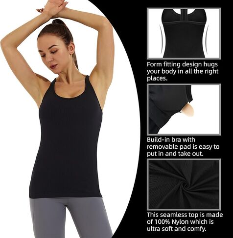 Jkboo Athletic Seamless Racerback Tank Top for Women, Workout Long Top with Build-in Bra Silm Fit Sleeveless Shirt in Kuwait