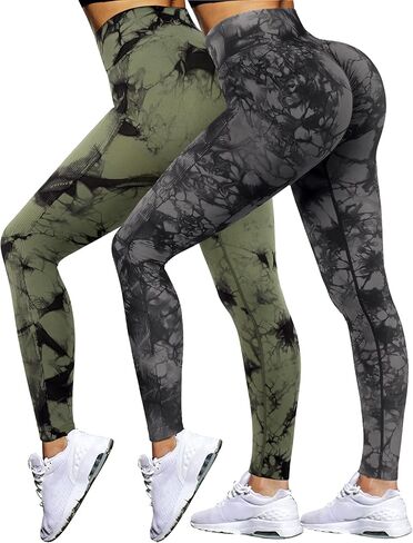 OMKAGI سروال نسائي ضيق لرفع المؤخرة بدون خياطة عالي الخصر للتمرين في صالة الألعاب الرياضية 2 قطعة in Kuwait