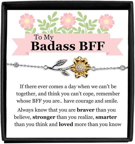 To My Badass BFF Sterling Silver Sunflower Bracelet, Best Friend BFF Long Distance Friendship Gift Set For Women Girls Birthday Celebration Reunion present Best Friend Forever GBJFBM(Main) in Kuwait