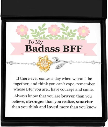 To My Badass BFF Sterling Silver Sunflower Bracelet, Best Friend BFF Long Distance Friendship Gift Set For Women Girls Birthday Celebration Reunion present Best Friend Forever GBJFBM(Main) in Kuwait