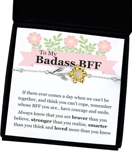 To My Badass BFF Sterling Silver Sunflower Bracelet, Best Friend BFF Long Distance Friendship Gift Set For Women Girls Birthday Celebration Reunion present Best Friend Forever GBJFBM(Main) in Kuwait