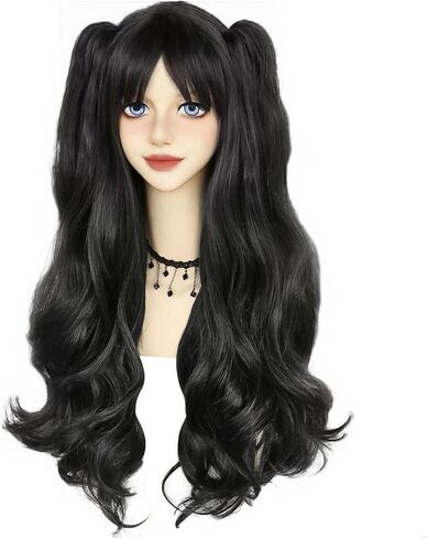 Anogol Hair Cap+ Long Black Cosplay Wig Women Girls Lolita Wig Black pigtail Wig Long Double Ponytails with Natural Clips Synthetic Wig for Women Anime Costume Hair Wig for Halloween Costume Party Wig in Saudi Arabia