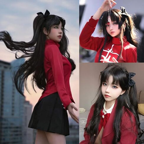 Anogol Hair Cap+ Long Black Cosplay Wig Women Girls Lolita Wig Black pigtail Wig Long Double Ponytails with Natural Clips Synthetic Wig for Women Anime Costume Hair Wig for Halloween Costume Party Wig in Saudi Arabia