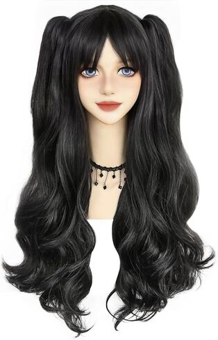 Anogol Hair Cap+ Long Black Cosplay Wig Women Girls Lolita Wig Black pigtail Wig Long Double Ponytails with Natural Clips Synthetic Wig for Women Anime Costume Hair Wig for Halloween Costume Party Wig in Saudi Arabia