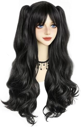 Anogol Hair Cap+ Long Black Cosplay Wig Women Girls Lolita Wig Black pigtail Wig Long Double Ponytails with Natural Clips Synthetic Wig for Women Anime Costume Hair Wig for Halloween Costume Party Wig in Saudi Arabia
