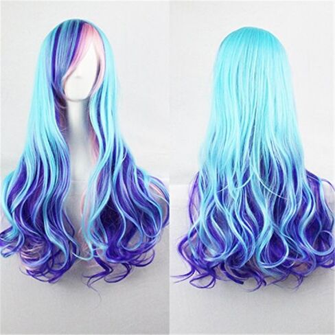 Bopocoko Blue Wigs for Women Long Blue Hair Wig with Bangs Colored Curly Wavy Wigs for Party with Wig Net (Blue Mixed Pink) BU040 in Kuwait