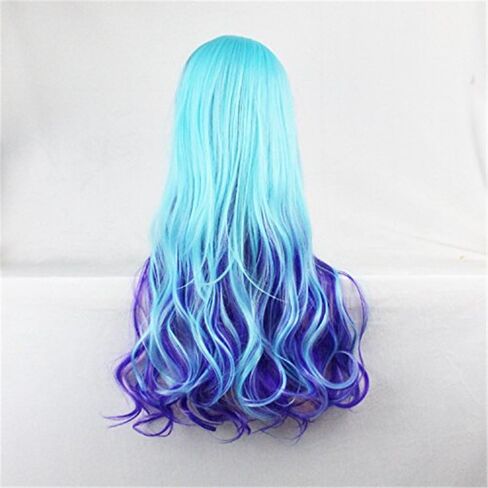 Bopocoko Blue Wigs for Women Long Blue Hair Wig with Bangs Colored Curly Wavy Wigs for Party with Wig Net (Blue Mixed Pink) BU040 in Kuwait
