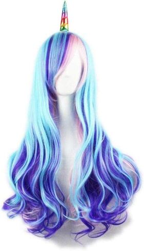 Bopocoko Blue Wigs for Women Long Blue Hair Wig with Bangs Colored Curly Wavy Wigs for Party with Wig Net (Blue Mixed Pink) BU040 in Kuwait