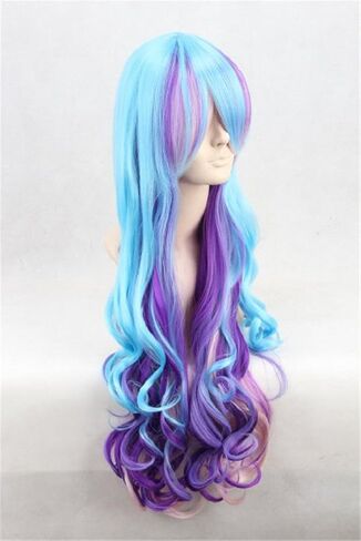 Bopocoko Blue Wigs for Women Long Blue Hair Wig with Bangs Colored Curly Wavy Wigs for Party with Wig Net (Blue Mixed Pink) BU040 in Kuwait