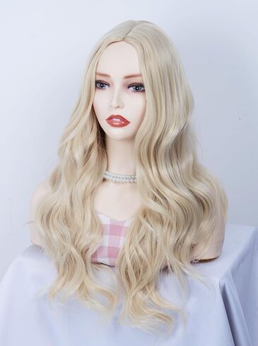 شعر مستعار أشقر طويل مموج من روجليس للنساء بدون أي غرة، شعر طبيعي ناعم مع شعر مستعار مقاوم للحرارة في الجزء الأوسط لحفلات الهالوين التنكرية والأزياء التنكرية in Kuwait