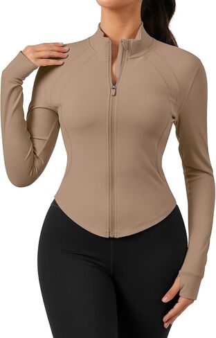 سترة رياضية نسائية من GYM RAINBOW بسحاب، خفيفة الوزن تناسب محيط الصالة الرياضية واللياقة البدنية مع فتحات للإبهام in Kuwait