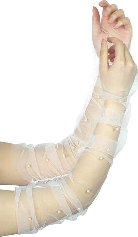 XXDingbs Women's Long Pleated Sleeve Pearl Gloves Fingerless Sexy Sheer Gloves Mesh Tulle Opera Tea Party Gloves in Kuwait