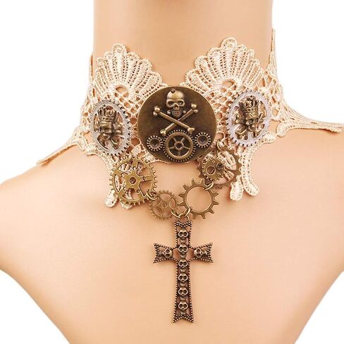 qrettie المختنق قلادة ل Steampunk هالوين الشرير زي حزب الرجعية والعتاد ساعة الترس المرأة القوطية الدانتيل القلائد هالوين لوليتا الفيكتوري البخار الشرير المختنق قلادة in Kuwait