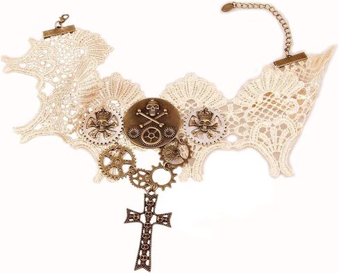 qrettie المختنق قلادة ل Steampunk هالوين الشرير زي حزب الرجعية والعتاد ساعة الترس المرأة القوطية الدانتيل القلائد هالوين لوليتا الفيكتوري البخار الشرير المختنق قلادة in Kuwait