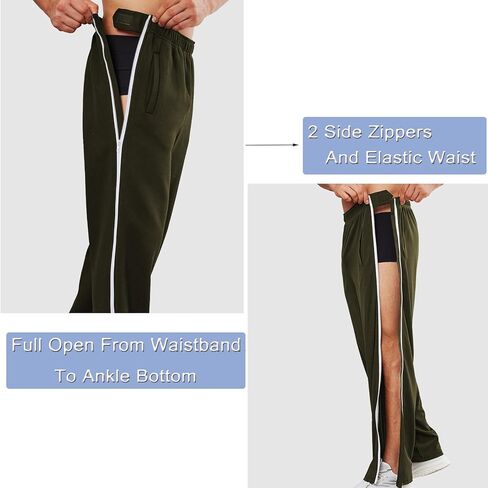 بنطلون رياضي رجالي من الصوف من Deyeek، سروال تمزيق 2 سحابات جانبية، بنطال مفتوح بالكامل للساق بعد الجراحة مع جيوب in Kuwait