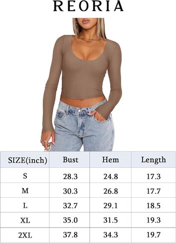 REORIA Women's Casual Scoop Neck Double Lined Long Sleeve Slim Fitted Tshirts Y2K Workout Crop Tops in Saudi Arabia