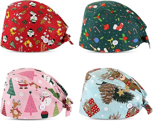 Tarpop 4 Pcs Christmas Scrub Caps Adjustable Christmas Printed Working Cap with Button and Sweatband Xmas Snowman Scrub Hats Bouffant Hats for Women Men Holiday, 4 Styles in Saudi Arabia