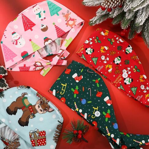 Tarpop 4 Pcs Christmas Scrub Caps Adjustable Christmas Printed Working Cap with Button and Sweatband Xmas Snowman Scrub Hats Bouffant Hats for Women Men Holiday, 4 Styles in Saudi Arabia
