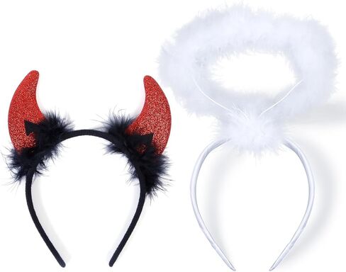 عصابة رأس قرون الشيطان ومجموعة عصابة رأس هالة الملاك، أزياء الهالوين للأزواج البالغين، عصابة رأس آذان الشيطان باللون الأحمر والأسود، عصابة رأس ملاك مع ريش أبيض، ملحقات شعر زاوية الشيطان للنساء in Kuwait