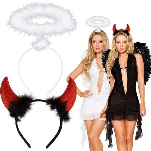 عصابة رأس قرون الشيطان ومجموعة عصابة رأس هالة الملاك، أزياء الهالوين للأزواج البالغين، عصابة رأس آذان الشيطان باللون الأحمر والأسود، عصابة رأس ملاك مع ريش أبيض، ملحقات شعر زاوية الشيطان للنساء in Kuwait